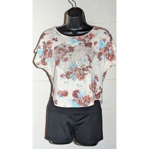 Modern Lux Floral Heart Detail Crop Top Short Sleeve Casual Blouse XSmall